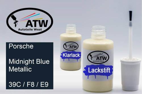 Porsche, Midnight Blue Metallic, 39C / F8 / E9: 20ml Lackstift + 20ml Klarlack - Set, von ATW Autoteile West.